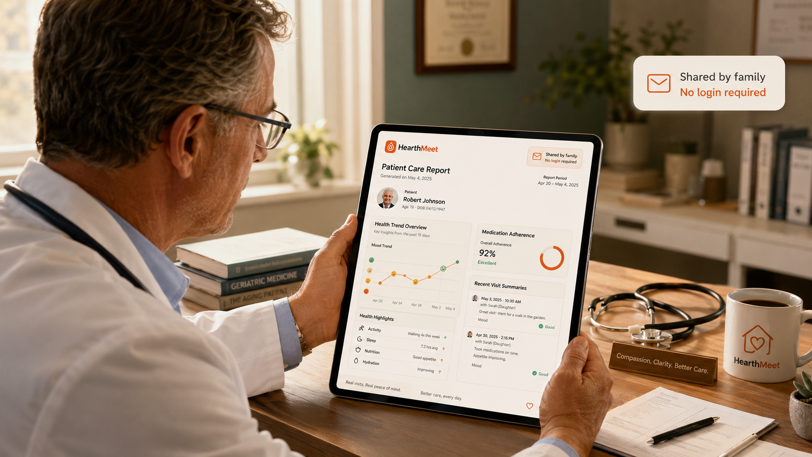 Doctor reviewing a Family Vital Insights loved one Care Report on a tablet with no-login sharing